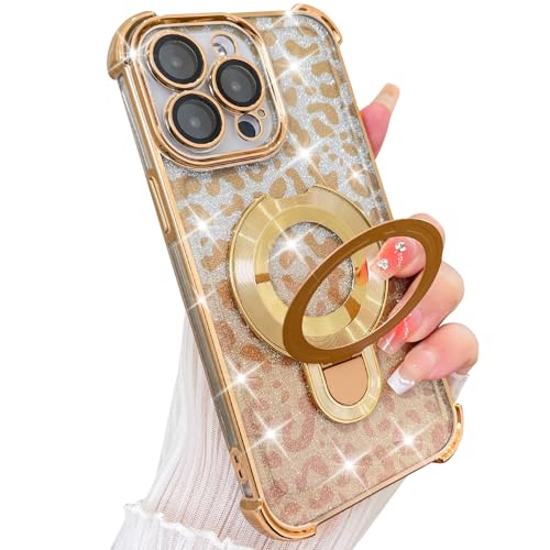 AIGOMARA Phone Case Stand (Lens Protector) Case Compatible with iPhone 14 Pro Case Glitter Shiny Leopard Print Gold Clear Cases