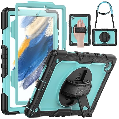 SEYMAC for Samsung Galaxy Tab A8 Case 10.5 (SM-X200/ X205/ X207), Heavy Duty Full-Body Shockproof Protective Case with Screen Protector, Rotating Stand, Hand/Shoulder Strap and Pen Holder, Sky Blue