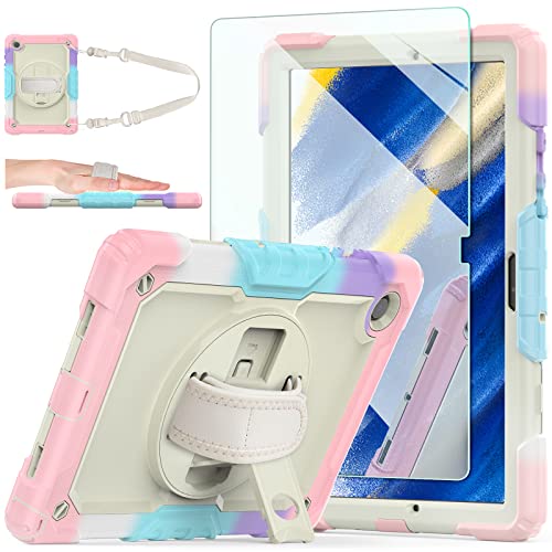 Samsung Galaxy Tab A8 10.5 Inch Case 2022 SM-X200/X205/X207, [Kids Proof] Ambison Full Body Protective Case with 9H Tempered Glass Screen Protector, 360° Rotatable Kickstand & Hand Strap (Light Pink)