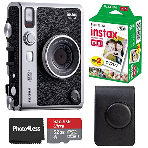 Fujifilm Instax Mini EVO Hybrid Instant Camera Black Bundle with Instax Mini Instant Film 20 Sheets, 32GB microSD Card, Vintage Style Black Camera Case, Bundle