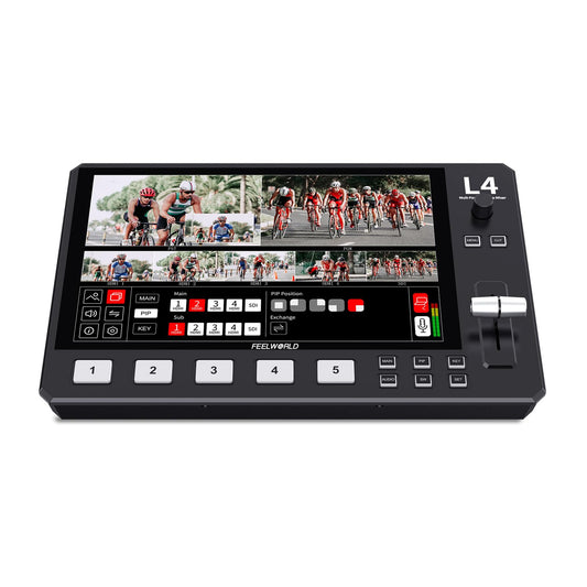FEELWORLD L4 Multi Camera Video Mixer Switcher with 10.1 Inch Touchscreen Chroma Key 4X HDMI 1x SDI Input USB3.0 Output 5 Channel Real Time Production Live Streaming