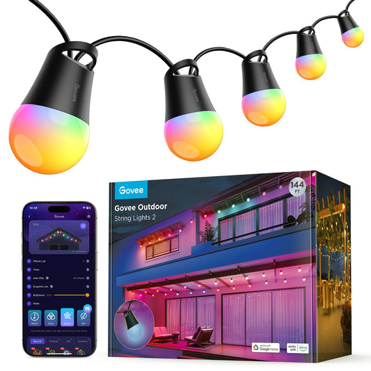Govee Smart Outdoor String Lights 2, 144ft RGBIC Outdoor Lights with Dimmable Warm White LED Bulbs for Mother's Day, 47 Scene Modes for Patio, Backyard, IP65 Waterproof, Works with Alexa, App Control