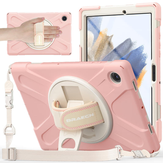 BRAECNstock Samsung Galaxy Tab A8 Case 10.5 inch 2022 (SM-X200/X205/X207), Shockproof Protective Galaxy Tab A8 Kids Cases with Screen Protector,Rotating Hand Strap+Stand,Pencil Holder,Sakura Pink
