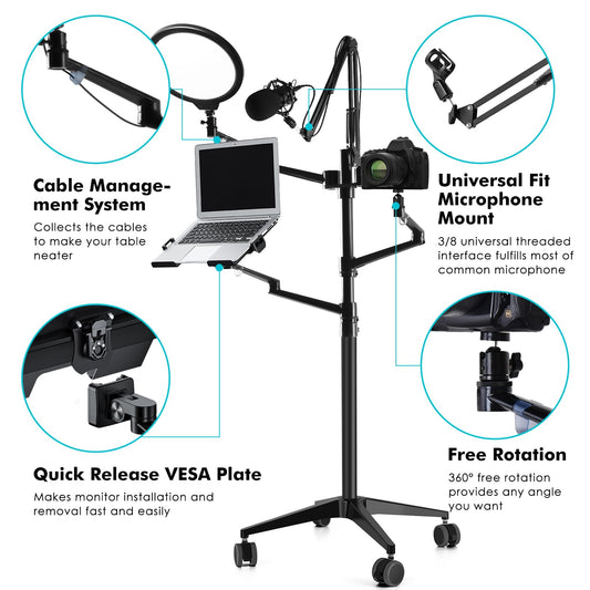 Viozon Selfie Live Floor Stand Set 5-in-1 10" LED Ring Light Microphone Mount moveable Compatible with 12-17" laptop/7-13 Tablet/3.5-6.7" Phone/Digital Camera SLR&DSLR Online Meeting Recording