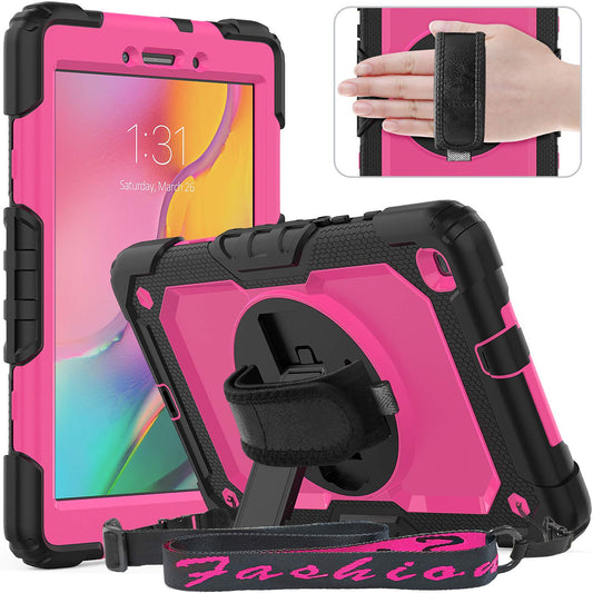 Timecity Case Compatible with Galaxy Tab A 8.0" 2019 SM-T290/T295/T297, with Built-in Screen Protector&360 Degree Swivel Stand&Hand Strap&Shoulder Strap Protective Case for Tab A 8.0 2019-Rose