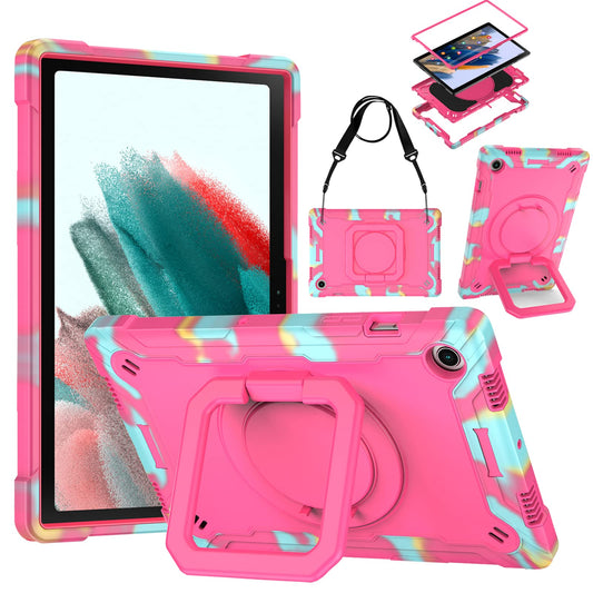 DETUOSI Case for Samsung Galaxy Tab A8 10.5 inch 2022, Galaxy Tab A8 Shockproof Case with 360°Rotatable Stand & Shoulder Strap, Heavy Duty Case for SM-X200/X205/X207, Camouflage Rose Red
