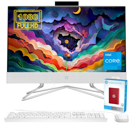 HP Newest All-in-One Desktop, 21.5" FHD Display, 32GB RAM, 1TB Storage (512GB SSD with P500 500GB External SSD), Intel Dual-Core Processor, Webcam, HDMI, Bluetooth, Mouse and Keyboard, Windows 11