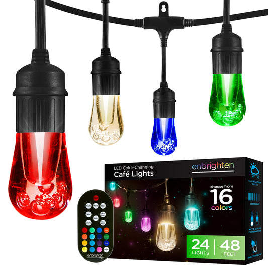 Enbrighten Premium Color Changing String Lights, 48ft Black Cord, 24 Shatterproof Acrylic Bulbs, Weatherproof, Remote Control, Dimmable RGB LED, Outdoor String Lights, 37790